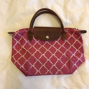 Pink and White Longchamp Small Top Handle Tote